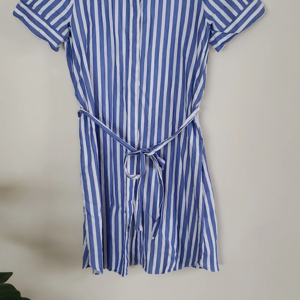 Loft blue and white button down waist tie short sleeve shirt dress. Sz Medium - Picture 5 of 9
